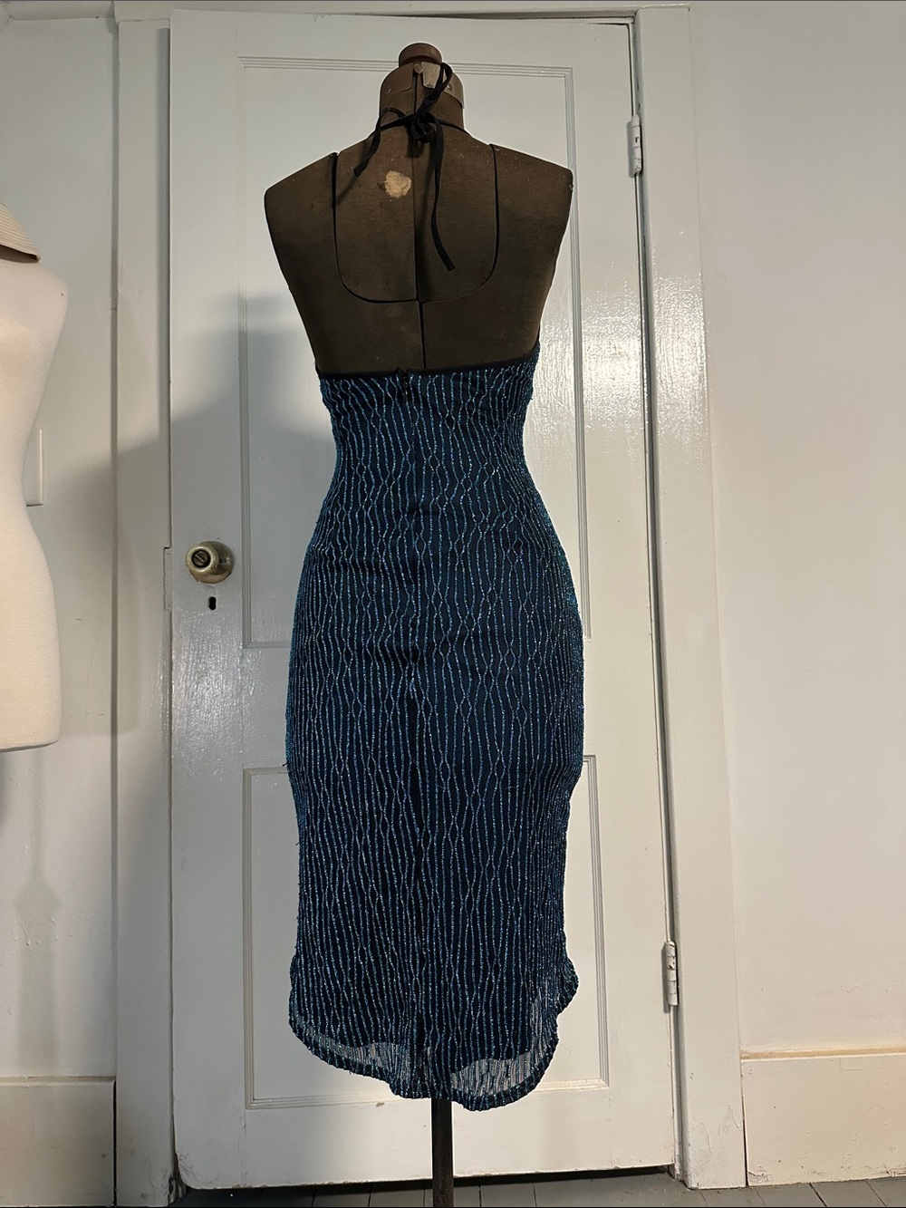 Gunne Sax Black and Blue Glitter High-Low Disco Halter Dress 70s 90s Vintage - Picture 2 of 9